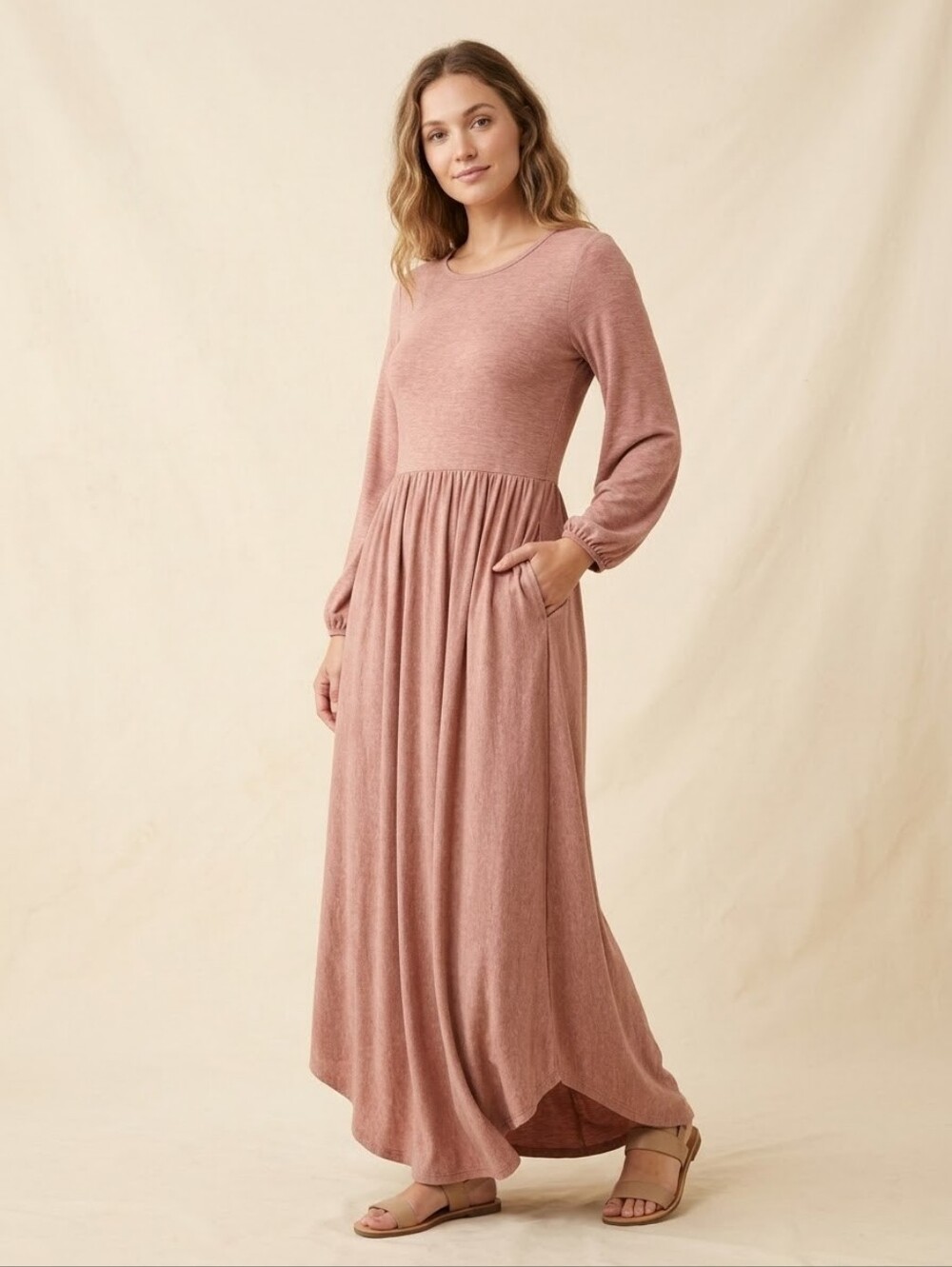 Reborn J Rose Soft Empire Waist Scooped Hem Maxi Dress Pockets Small